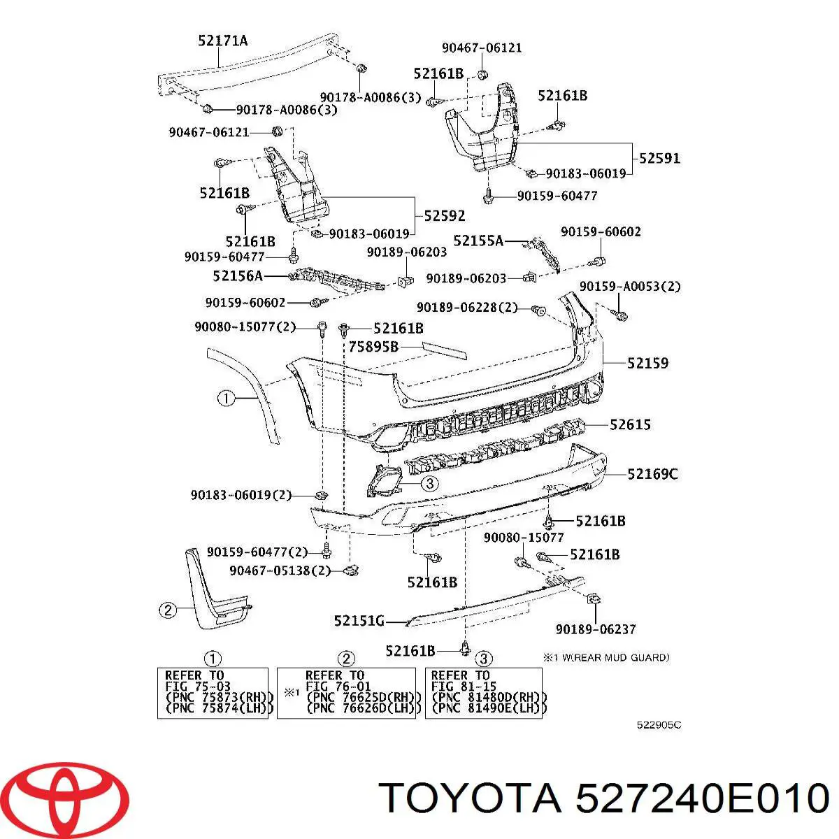 527240E010 Toyota Молдинг заднего бампера, левый