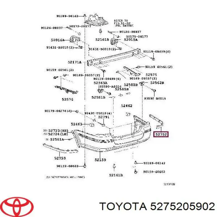 5275205902 Toyota moldura direita do pára-choque traseiro