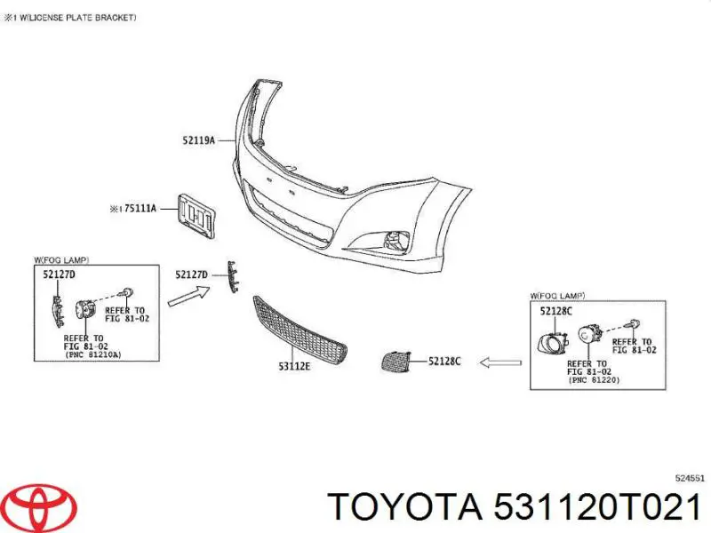 Решетка бампера переднего центральная Toyota 531120T021