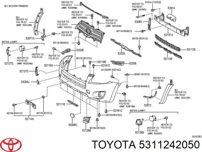 5311242050 Toyota решетка бампера переднего верхняя