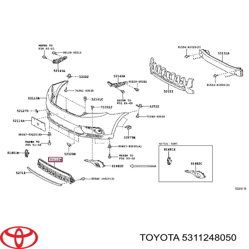 5311248050 Toyota Центральная решетка переднего бампера