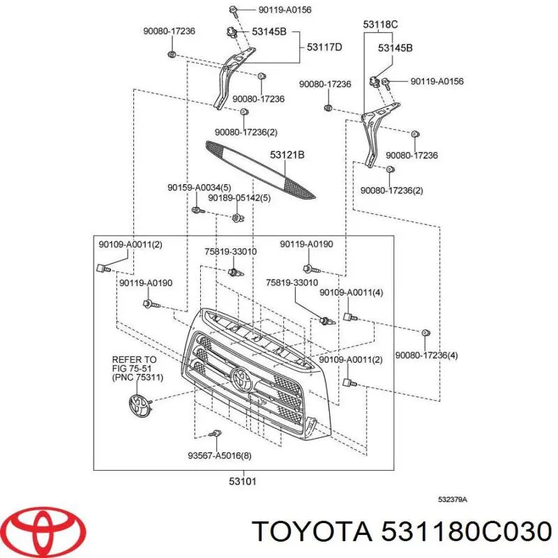 Кронштейн решетки радиатора Toyota 531180C030 цена, от 28.56 USD