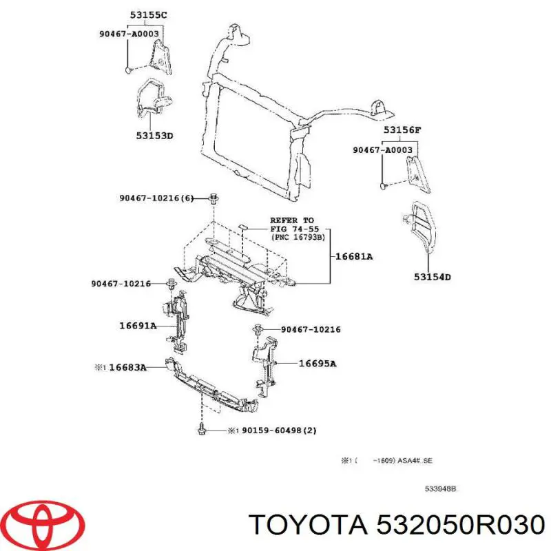 532050R030 Toyota суппорт радиатора верхний (монтажная панель крепления фар)