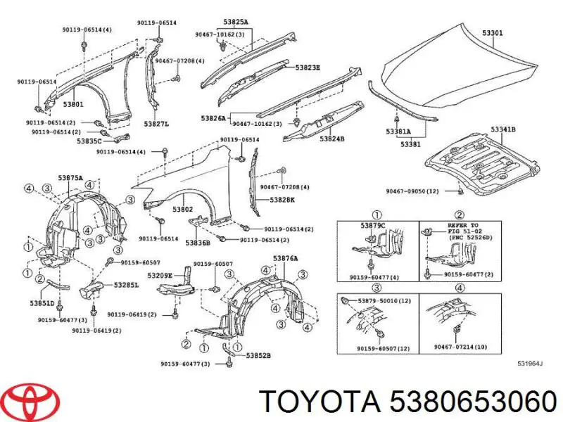 5380653060 Toyota guarda-barras esquerdo do pára-lama dianteiro