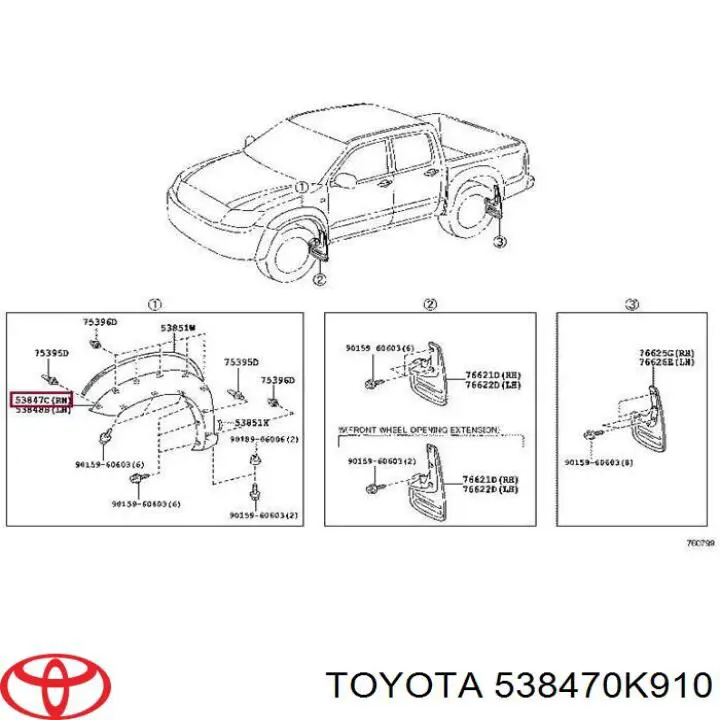 538470K910 Toyota moldura do pára-lama dianteiro direito