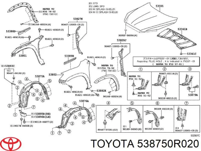 5387542070 Toyota guarda-barras direito do pára-lama dianteiro