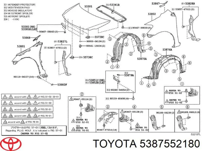 5387552180 Toyota guarda-barras direito do pára-lama dianteiro