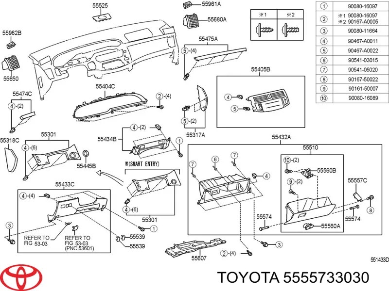 Gozno (guia) de porta-luvas (da caixa para luvas) para Toyota Avensis (T27)
