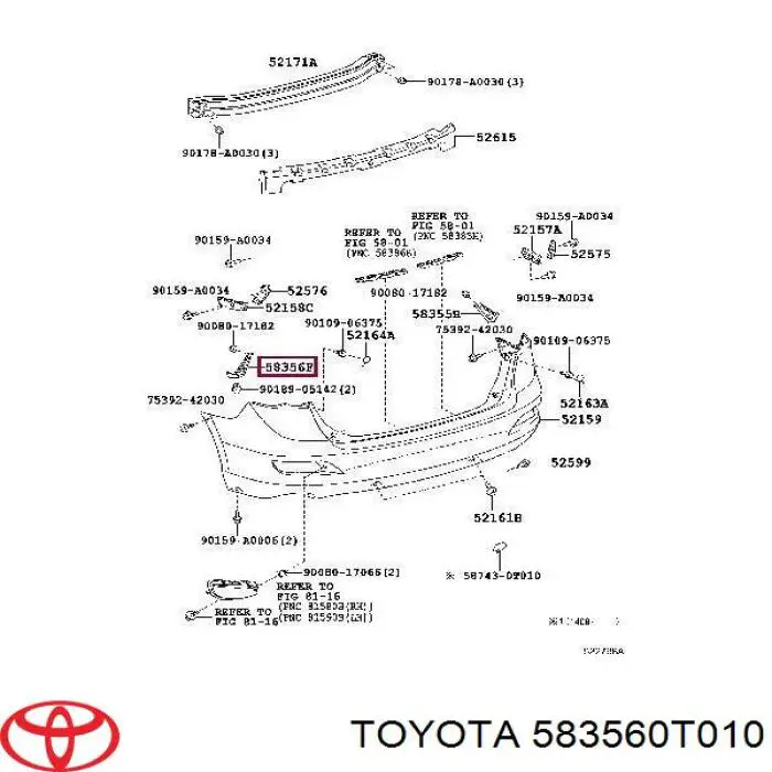 583560T010 Toyota consola do pára-choque dianteiro esquerdo