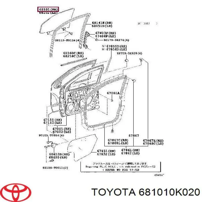 681010K010 Toyota vidro da porta dianteira direita