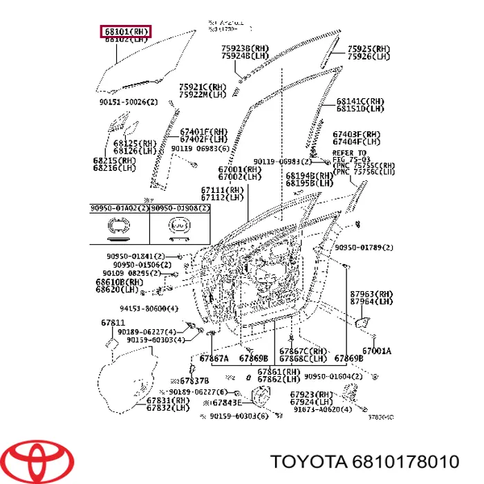 Стекло двери передней правой Toyota 6810178010