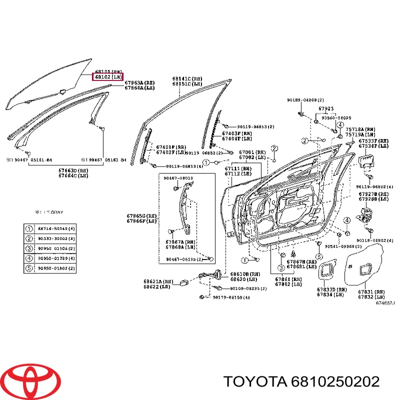 6810250201 Toyota vidro da porta dianteira esquerda