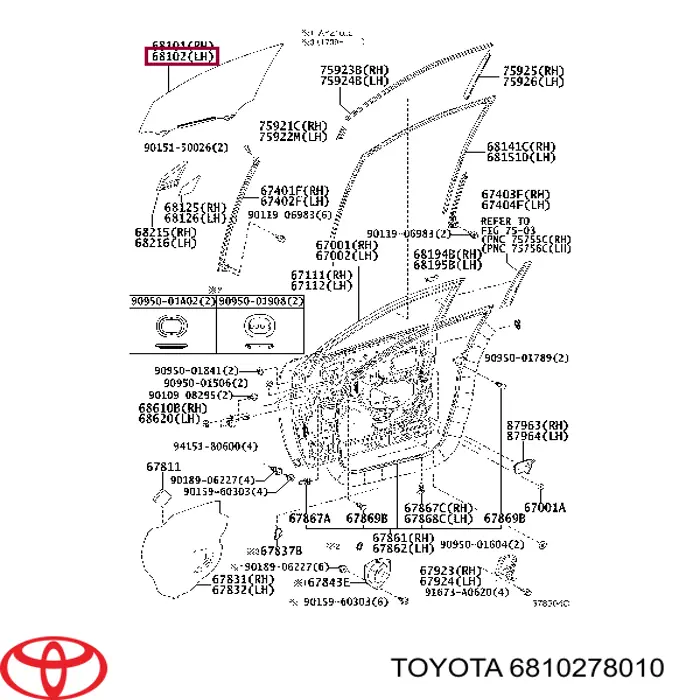 6810278010 Toyota vidro da porta dianteira esquerda