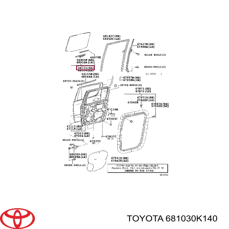 Стекло двери задней правой 681030K140 Toyota