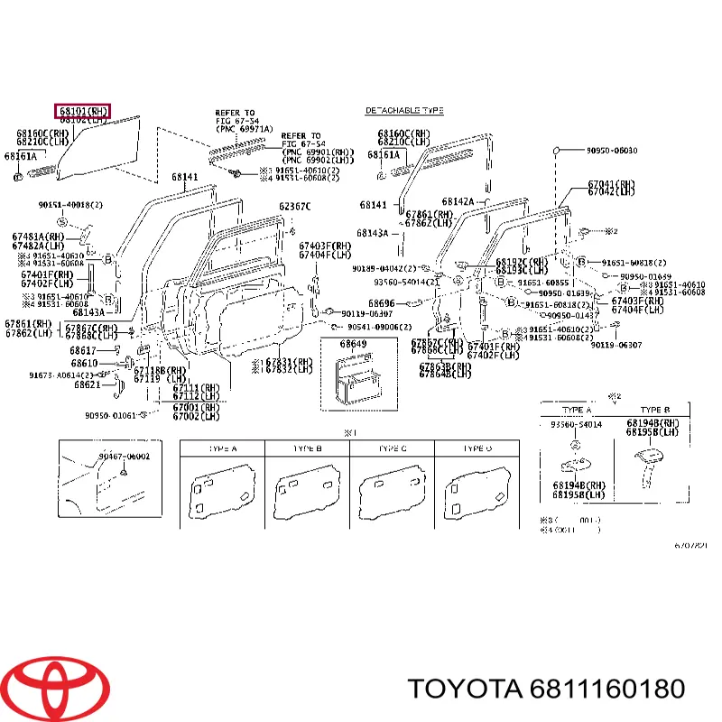 Стекло двери передней правой 6811160180 Toyota