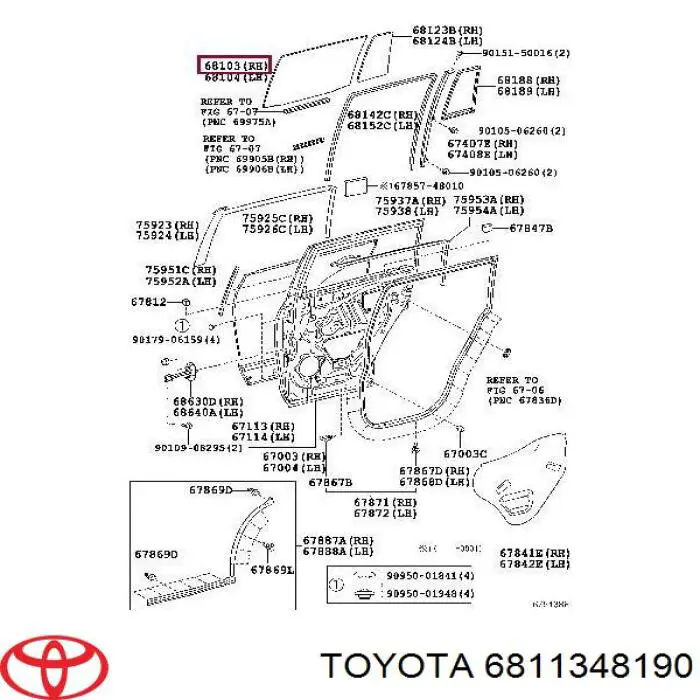 6811348190 Toyota vidro da porta traseira direita