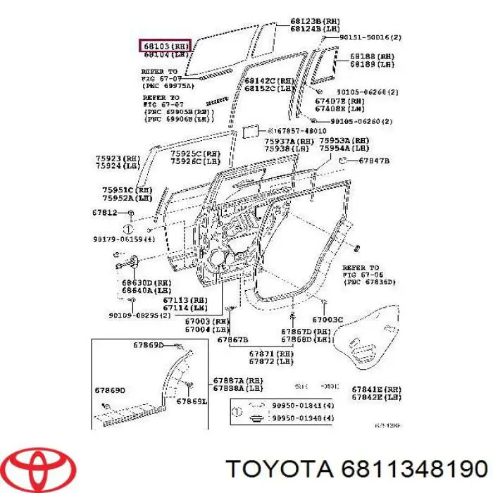 Стекло двери задней правой 6811348190 Toyota