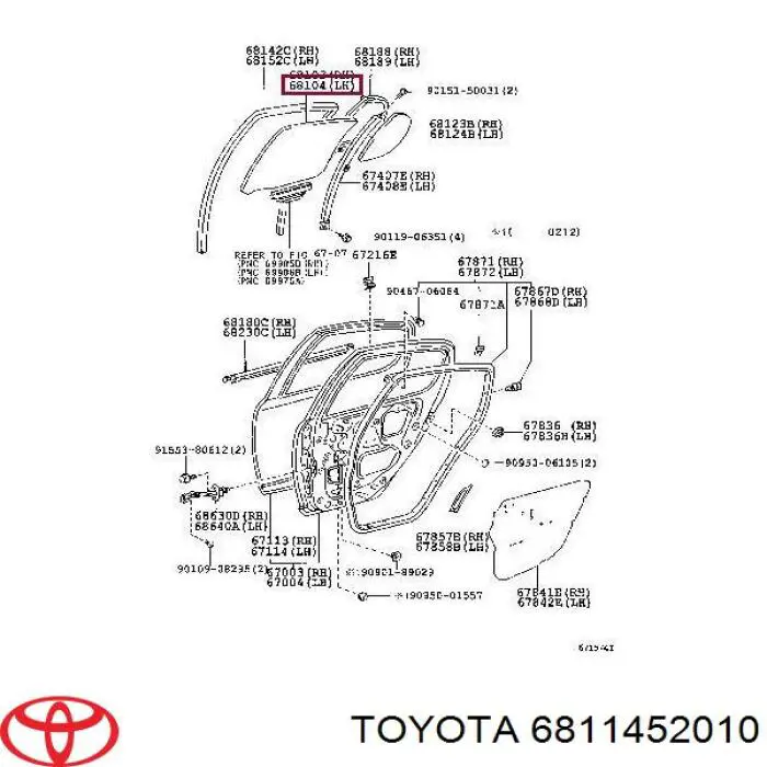 6811452010 Toyota vidro da porta traseira esquerda