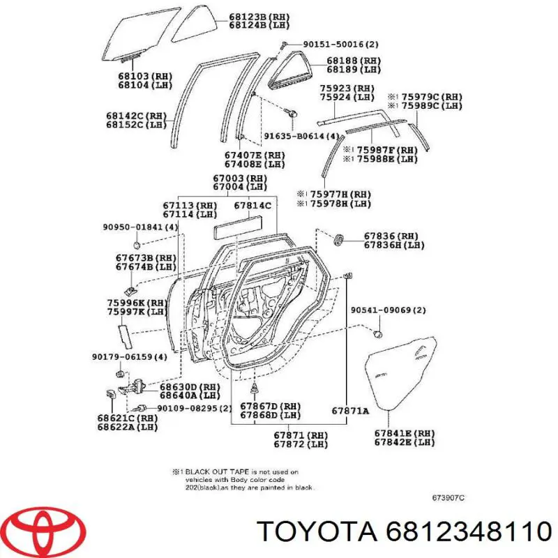 6812348110 Toyota стекло-форточка двери задней правой