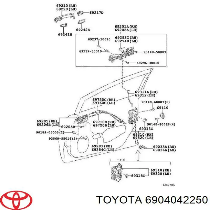 6904042250 Toyota fecho da porta dianteira esquerda