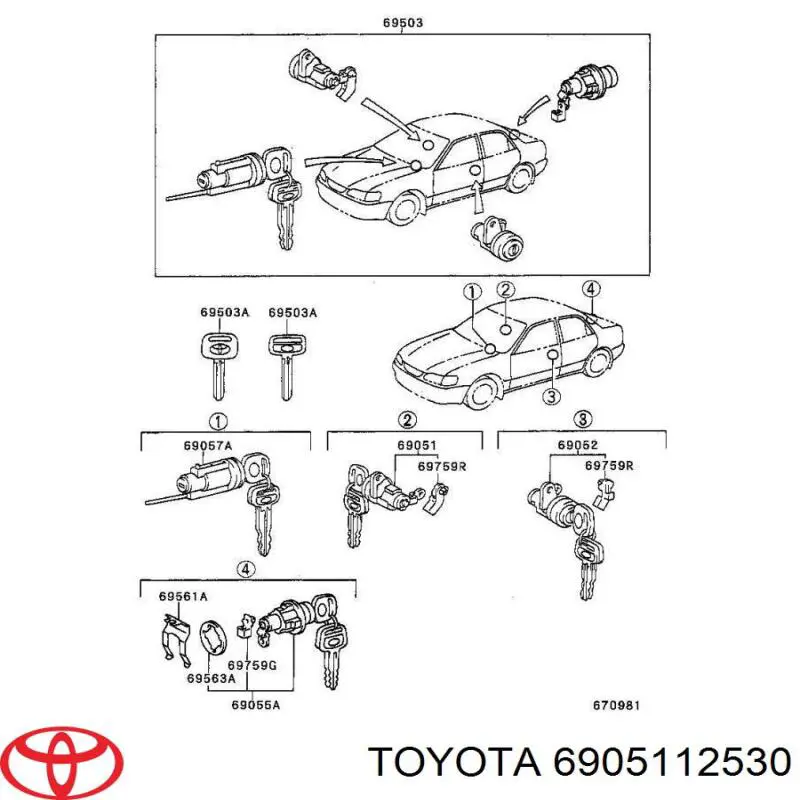 6905112530 Toyota личинка замка двери передней правой