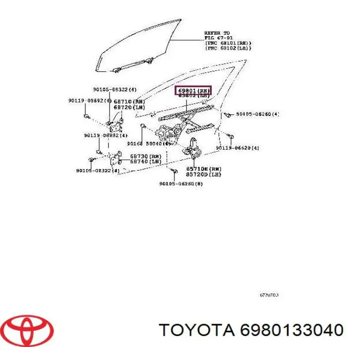 6980133040 Toyota mecanismo de acionamento de vidro da porta dianteira direita