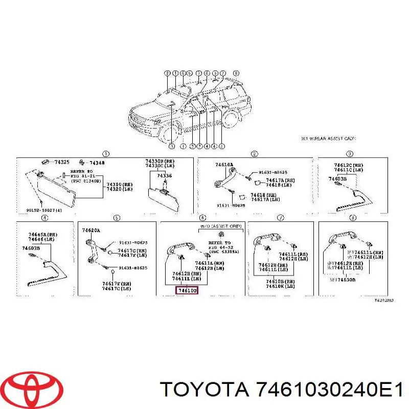 7461030240E1 Toyota puxador do teto de salão