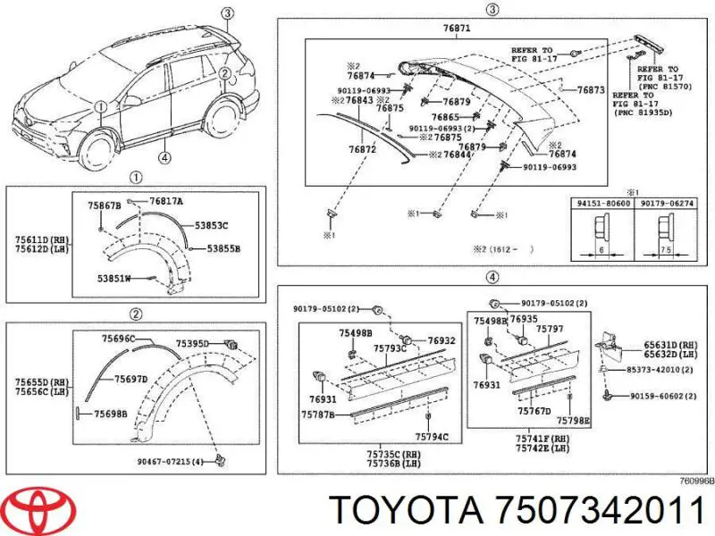 7507342011 Toyota moldura da porta dianteira direita