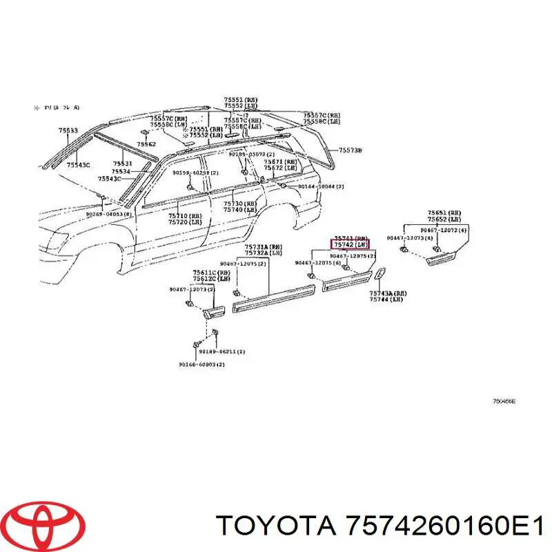 7574260160E1 Toyota молдинг задней левой двери