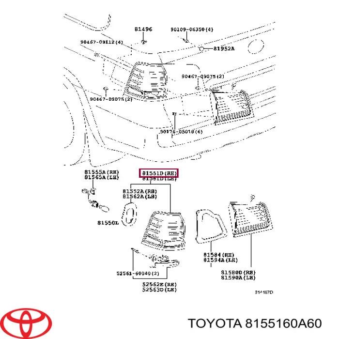 Фонарь задний правый внешний 8155160A60 Toyota