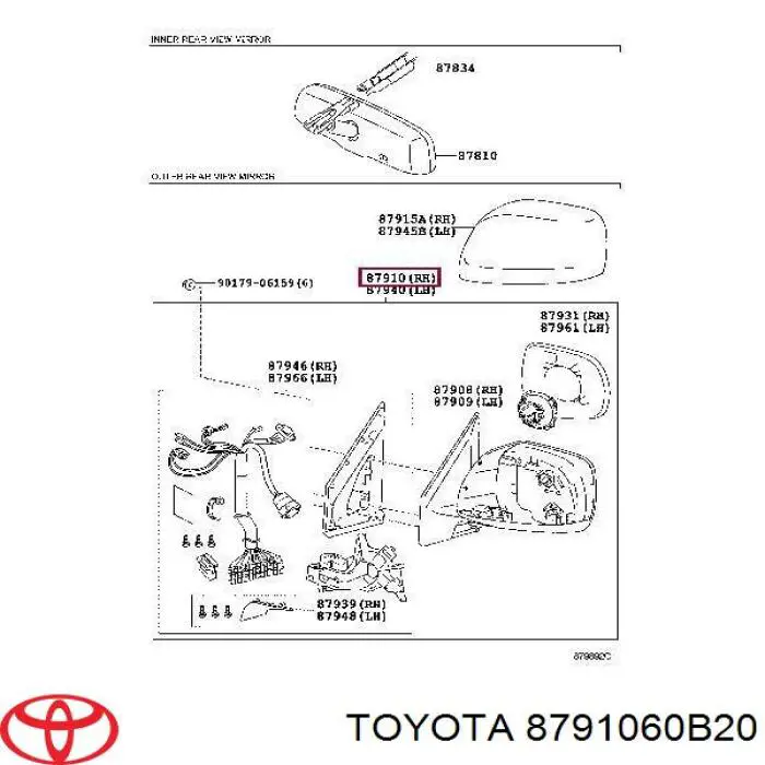 Правое боковое зеркало 8791060B30 Toyota