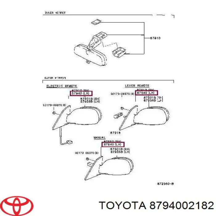 Зеркало заднего вида, левое Toyota 8794002182 цена, от 44.33 USD