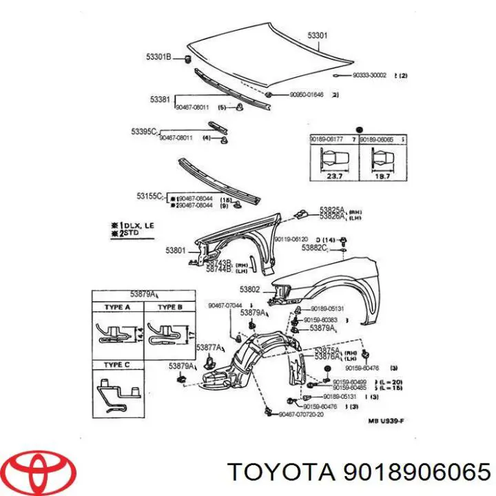 Пистон (клип) крепления подкрылка переднего крыла Toyota 9018906065