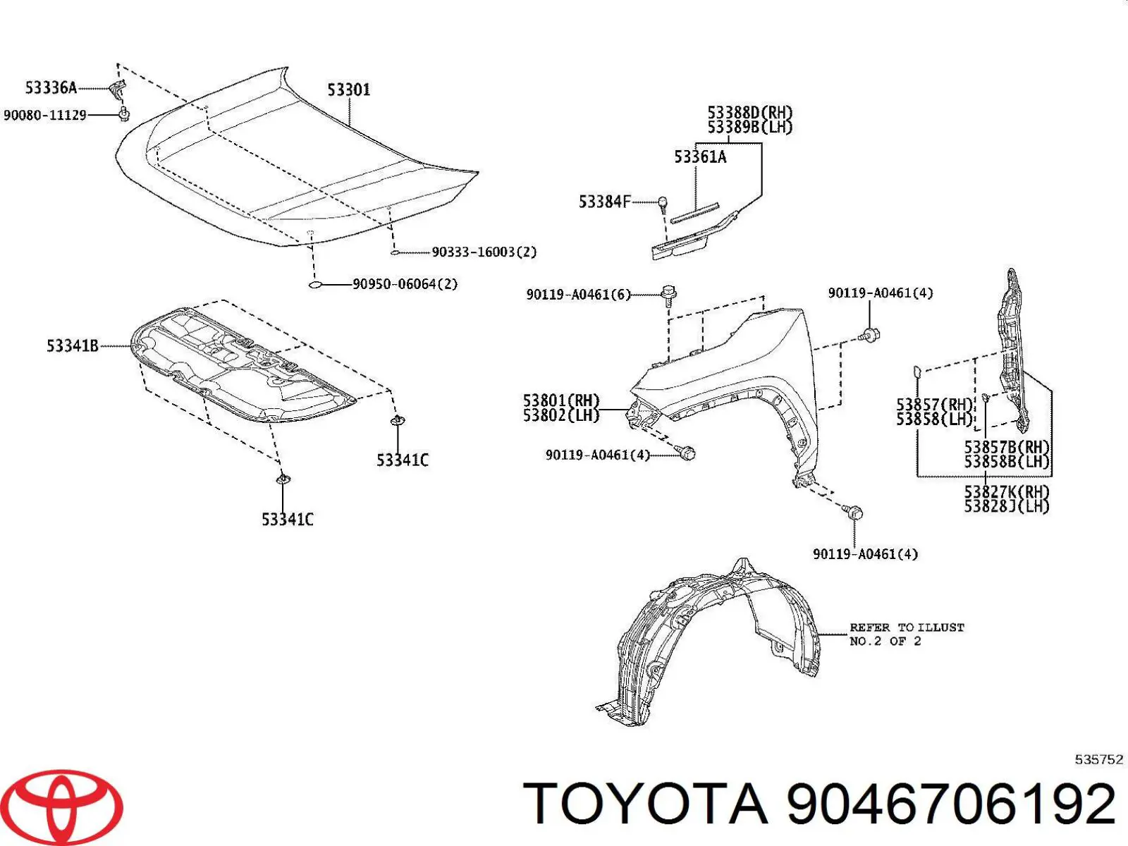 Пистон (клип) крепления подкрылка переднего крыла Toyota 9046706192