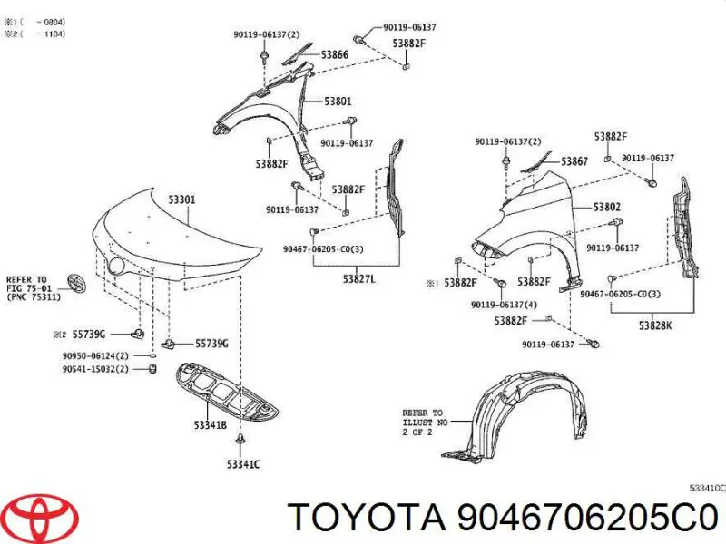 9046706205C0 Toyota пистон (клип крепления подкрылка переднего крыла)