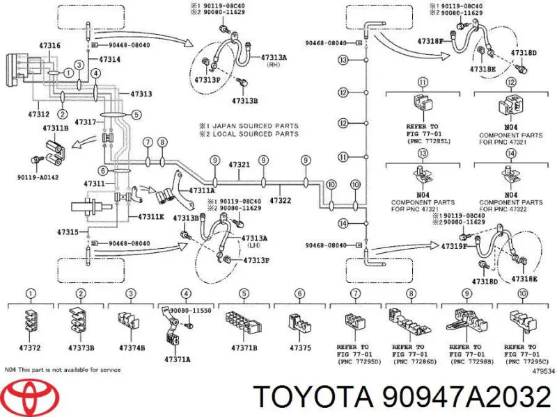Шланг тормозной задний правый Toyota 90947A2032
