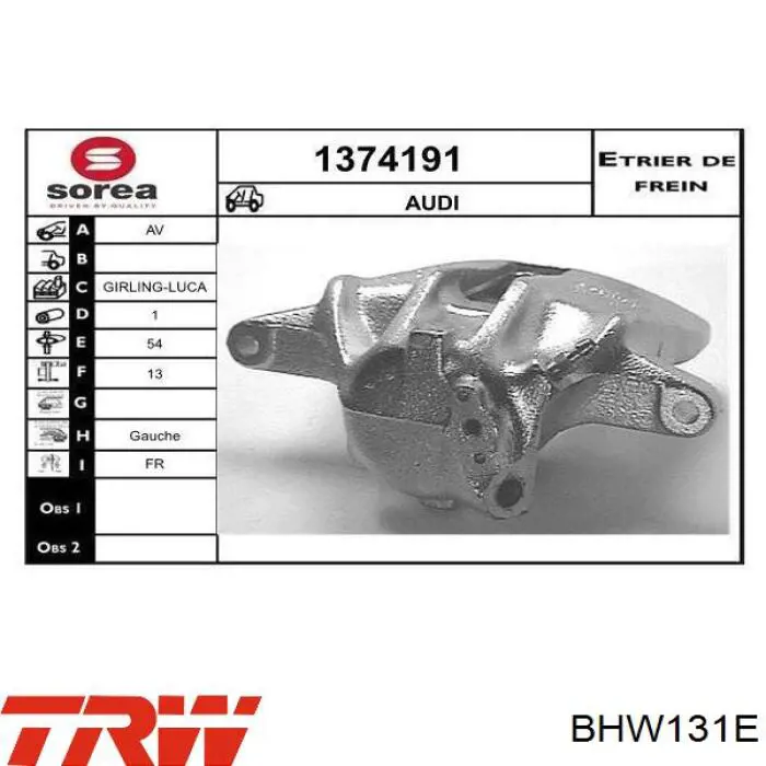 Суппорт тормозной передний левый BHW131E TRW