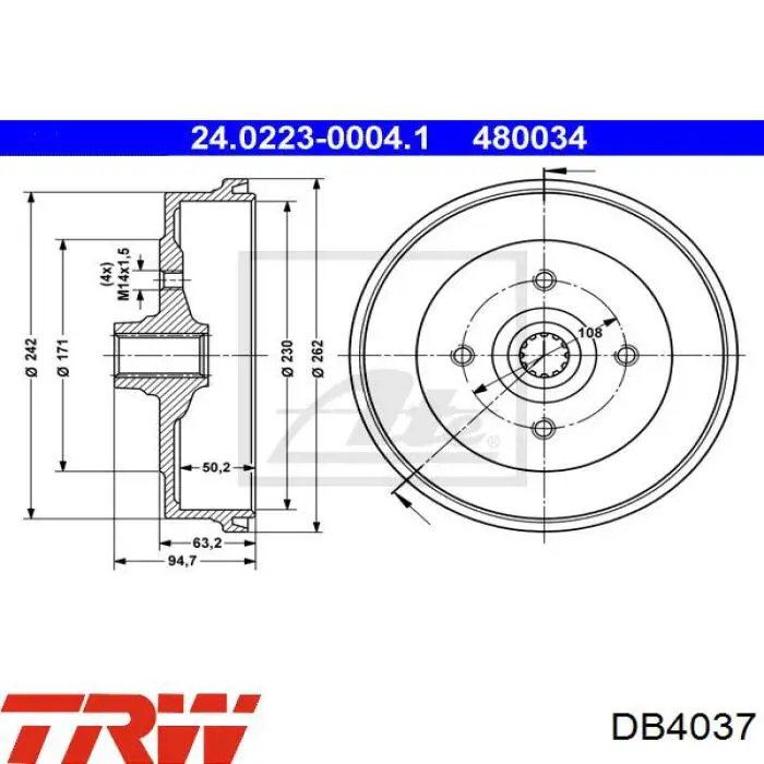 Барабан тормозной задний TRW DB4037 цена, от 39.27 USD