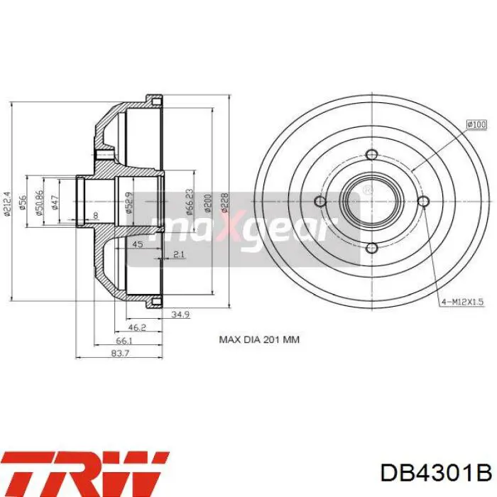Барабан тормозной задний TRW DB4301B цена, от 28.83 USD