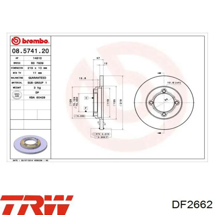 Передний тормозной диск TRW DF2662