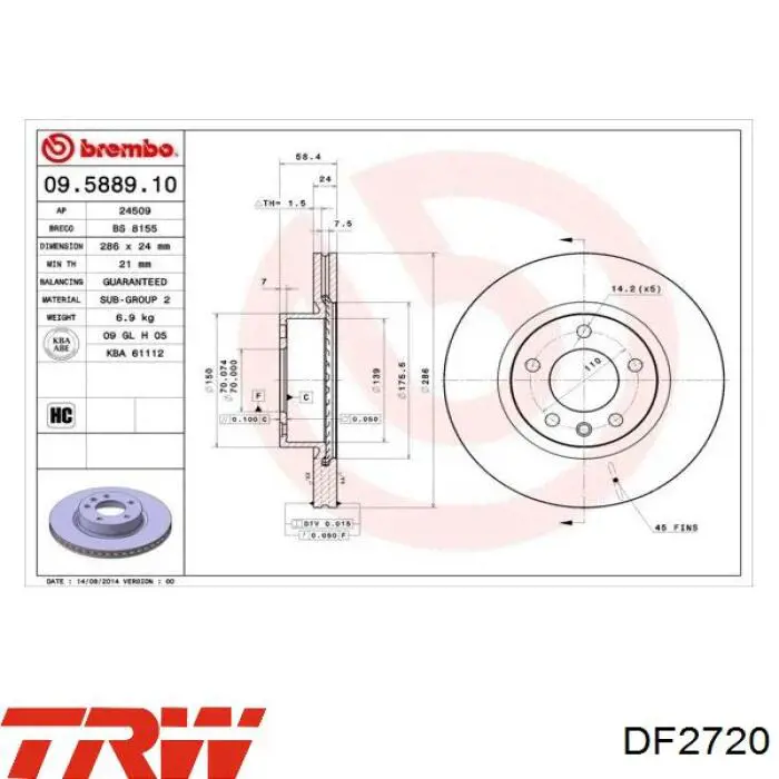 Передние тормозные диски DF2720 TRW