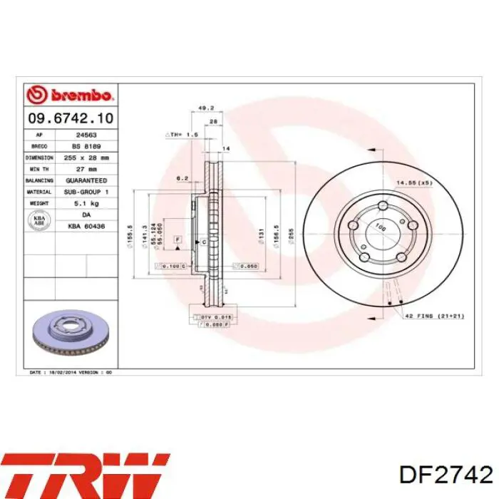 Передние тормозные диски DF2742 TRW