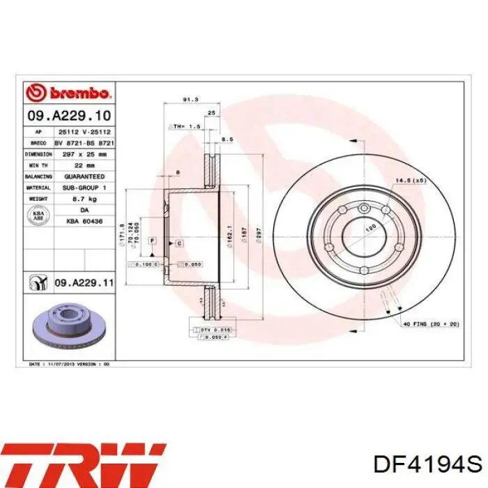 Передний тормозной диск TRW DF4194S