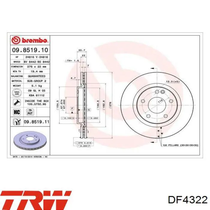 Передние тормозные диски DF4322 TRW