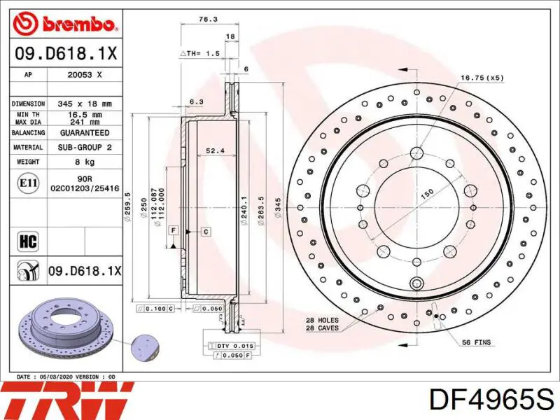 Задний дисковый тормоз TRW DF4965S