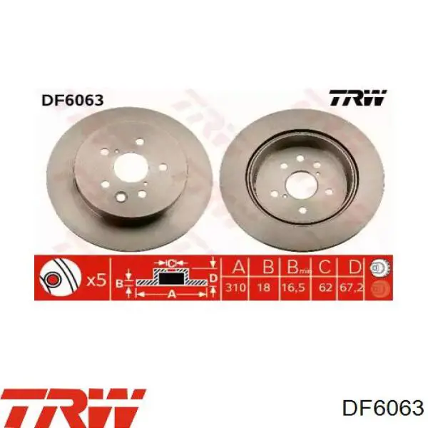 Disco de freno trasero DF6063 TRW