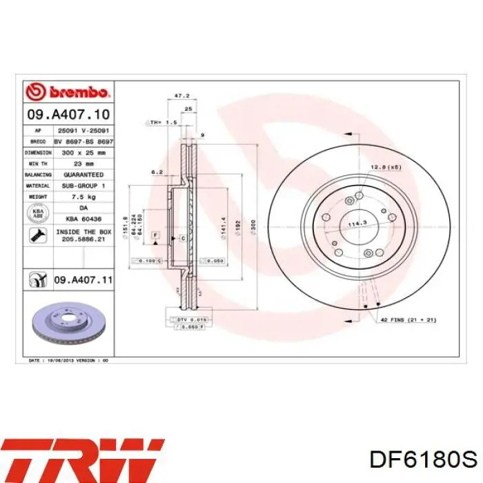Тормоз дисковый передний TRW DF6180S цена, от 54.99 USD