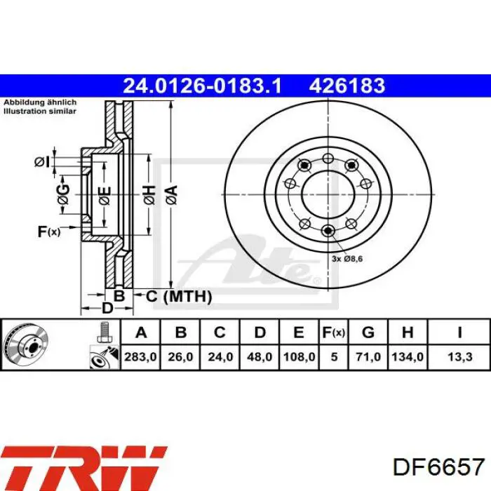 Тормоз дисковый передний TRW DF6657 цена, от 39.25 USD