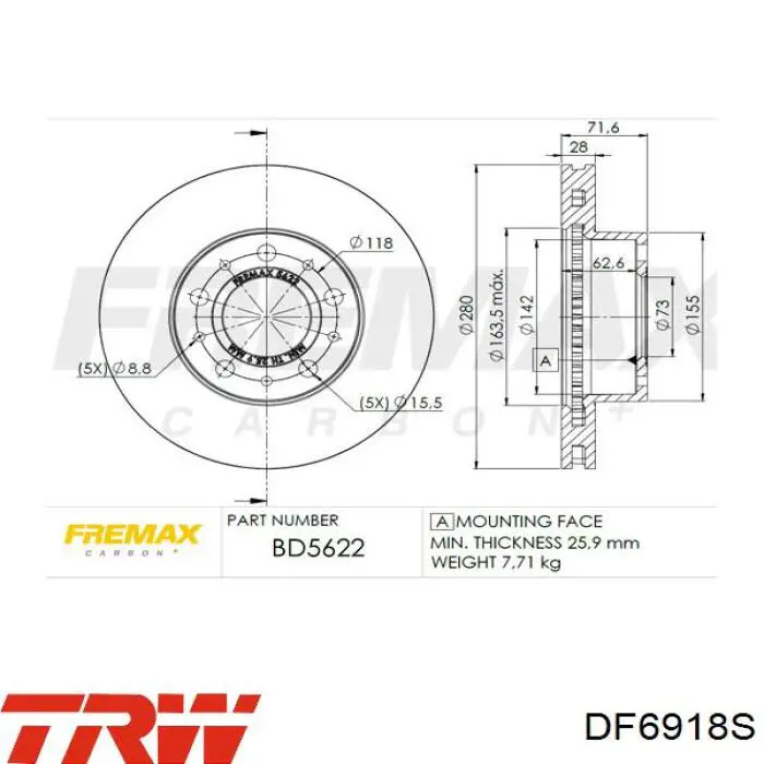 Передние тормозные диски DF6918S TRW