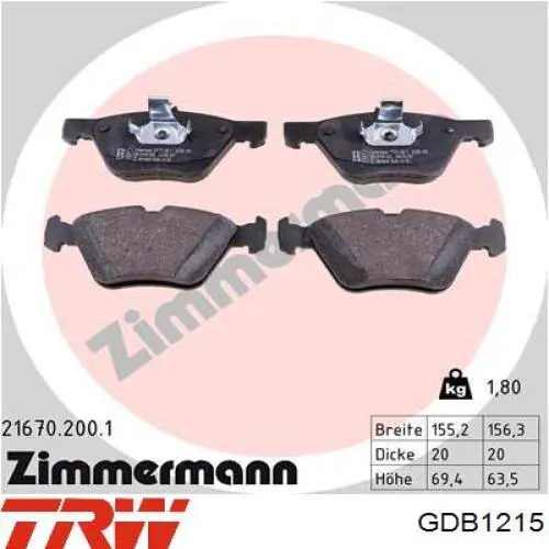 Купить GDB1215 TRW Колодки тормозные